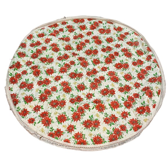 VTG Round 49” CHRISTMAS Poinsettia Bells Tablecloth Vinyl Flannel Back Fringe - Picture 2 of 7